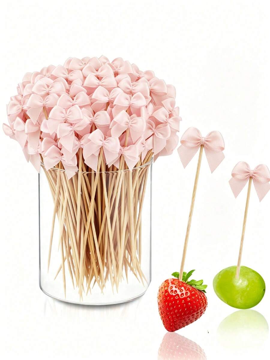 50pcs/Pink Bow Toothpicks, Bow Toothpicks, Exquisite Bamboo Toothpicks, Suitable For Appetizers And Drinks, Birthday Bachelorette Party, Wedding Bridal Shower And Bow Theme Party Decoration