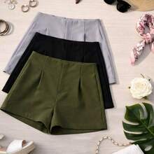 Set Of 3 Women's Tailored High-Waisted Dress Shorts, Elegant, Casual, Summer Fashion, Work, Office - 軍綠色/黑/灰色 - 查看 2