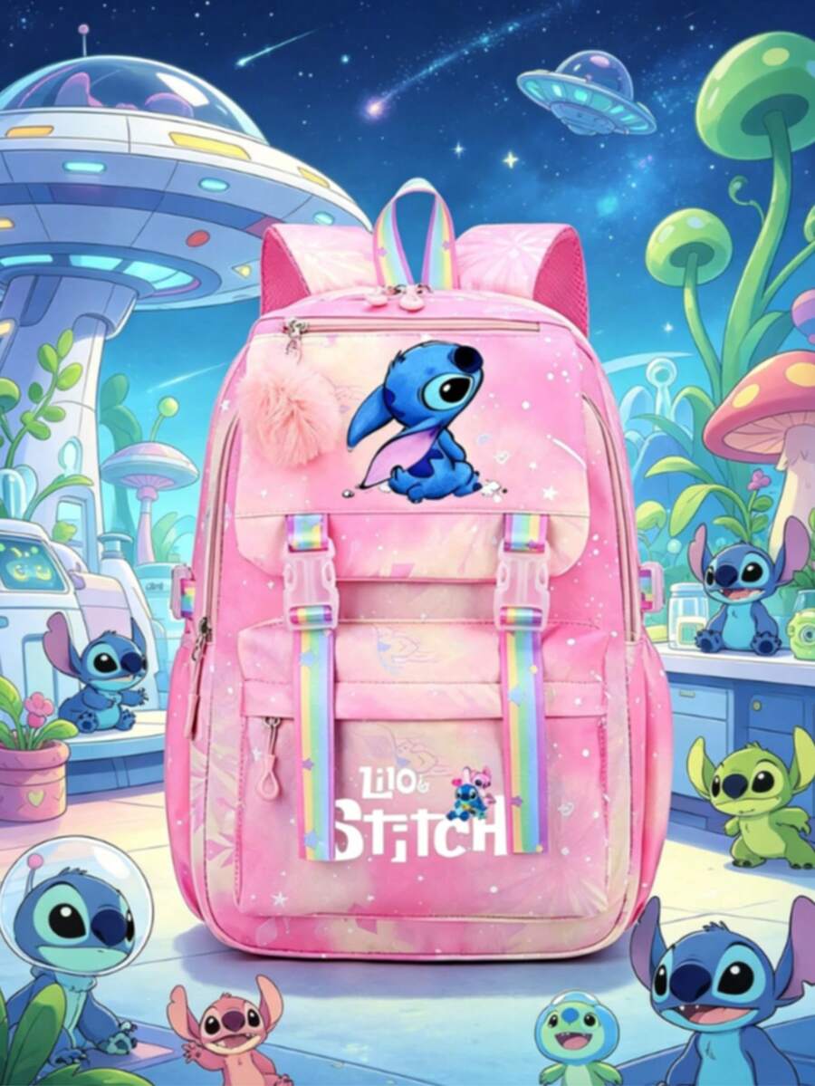 Stitch 學生大容量彩虹印花卡通戶外背包,大容量化妝收納包旅行袋,開學季最佳禮物,適用口紅、刷具、保養品、手機、硬幣、小物品,居家使用,送禮佳品 - 彩色 - 查看 1