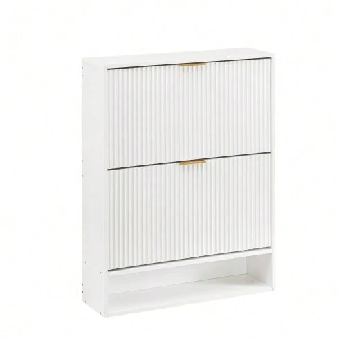 Zapatero de 80 x 24 cm con frontal ranurado, altura regulable con dispositivo antivuelco y mesa auxiliar decorativa para la entrada, en color blanco. - Blanco - Ver 1