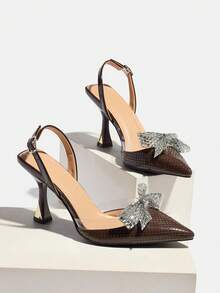 Sandalias de tacón bajo para mujer de verano, sandalias de tacón alto con lazo de strass marrón, sandalias de tacón alto con espalda abierta y tira trasera, zapatos elegantes para mujer adecuados para el uso diario, reuniones, banquetes, fiestas, vestidos de noche, tacones altos marrones - Marrón - Ver 5
