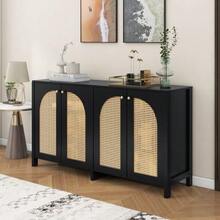 Modern Minimalist Sideboard With 4 Rattan Doors And Metal Handles; Simple Storage Unit For Dining Room, Living Room Or Kitchen (White) - 黑色 - 查看 9