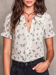 ii Camisa casual de verano para mujer con estampado y ribete de volantes - Albaricoque - Ver 3