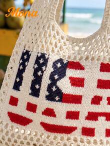 Women USA Flag Knit Mesh Tote Bag, Hollow Out Crochet Beach Bag Large Capacity Shoulder Handbag For Summer Vacation Travel Grocery Shopping - Beige - View 6