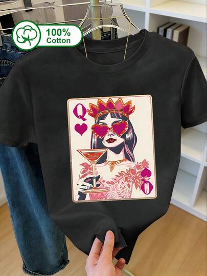 Women's New Summer Pure Cotton T-Shirt Featuring A "Queen Q" Graphic Print-A Casual, Versatile White Top Perfect For Holiday And Summer Outfits Black