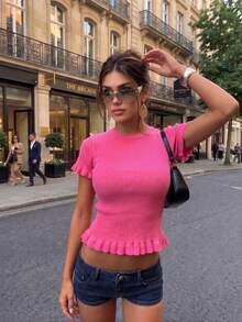 FOR BEAUTY Summer Y2K Women Pink Ribbed Knit Top Crew Neck Cropped Slim Fit Ruffle Hem Casual Streetwear Going Out - Hot Pink - View 4