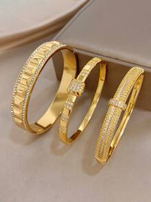 18K Golden Plated Minimalist Asymmetrical Bangle Bracelet Sets For Women Luxury Zirconia Bangle For Valentine'S Day Party Festival Jewelry Gifts - Multicolor - View 3