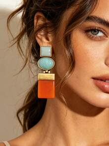 1 Pair European And American Vintage Contrast Color Alloy Geometric Patchwork Dangle Earrings, Unique Gradient Niche Korean Style Lightweight Luxury Fashion Earrings - Geometric Patchwork Earrings - View 2