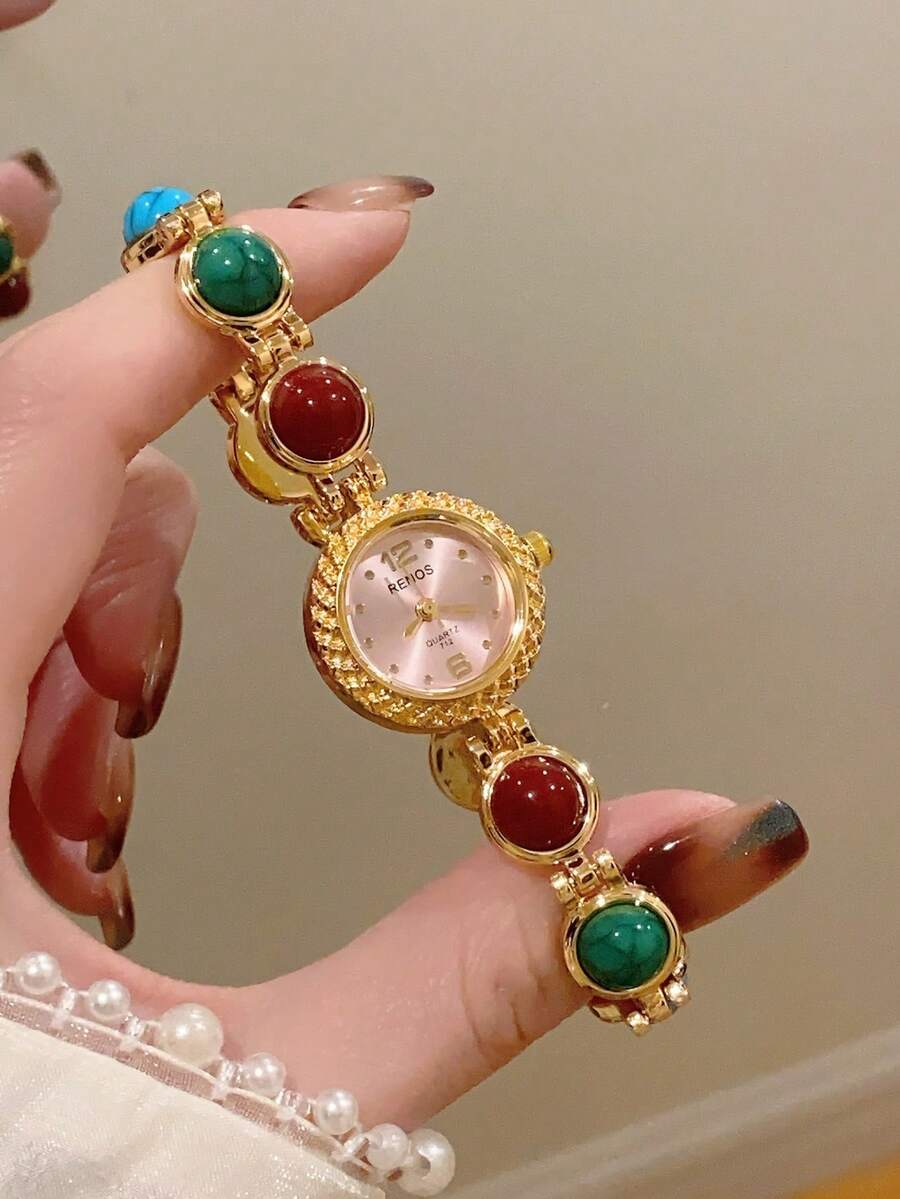 1件女款金色圓形石英手錶,優雅時尚,適合日常配戴,生日/畢業禮物,派對與聚會 - 金色 - 查看 1