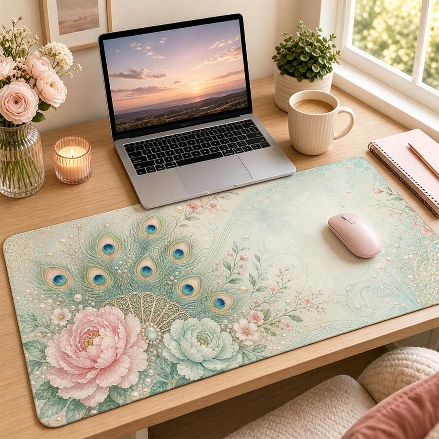 Macaron Peacock Garden Large Desk Mat, Elegant Floral Feather Mouse Pad For Women, Mint Pink Keyboard Pad, Non-Slip Extended Office Gaming Mouse Pad, Exquisite Vanity Study Desk Decor Gift, Suitable For Laptop PC Set - View 1