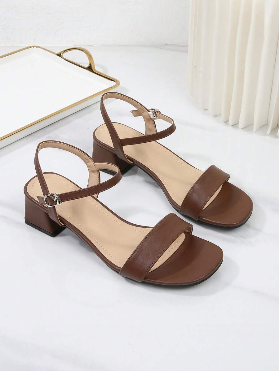 Wide Width Open Toe Ankle Strap Chunky Heel Sandals, French Style Mid Heel Sandals For Plus Size Women, Classic High Heel Versatile Sandals