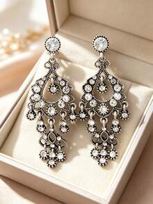 1 Pair Vintage Sweet Elegant Rhinestone Teardrop Tassel Earrings For Women, Holiday Birthday Date Party Banquet Vacation Shopping Daily Commute Accessory - Water Droplets - View 2