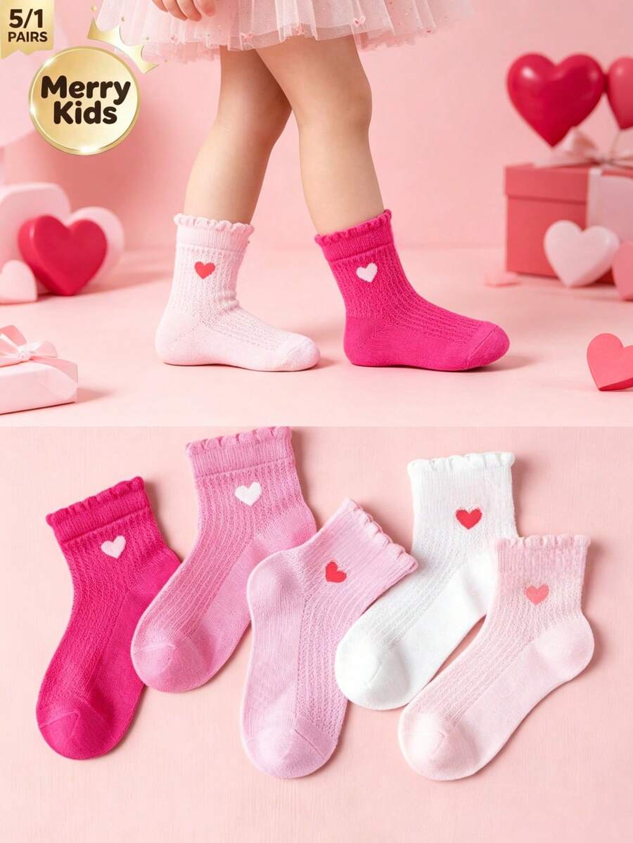 5/1 Pair Girls Mid-Calf Socks, Cute Pink Heart Design, Suitable For All Seasons Daily Wear, Back To School Socks, Gift, New Year - Multicolor - View 1