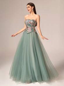 VIPGIRL New Green Strapless Sequin Contrast Mesh Court Style Elegant High-End Design Women's Formal Evening Gown - Green - View 7
