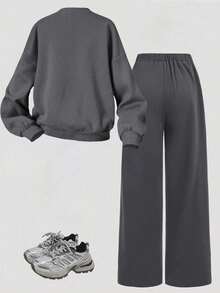 Youth Girl Letter Print Crew Neck Long Sleeve Top And Long Pants - Dark Grey - View 2