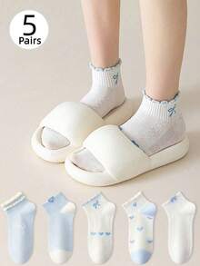 1/5 pares de calcetines finos para mujer con patrón de lazo azul y amor, calcetines de barco dulces y lindos, adecuados para usar en primavera y verano - Multicolor - Ver 3