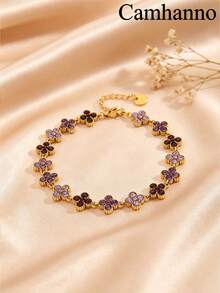 Camhanno 1pc European And American Luxury Style Stainless Steel 18K Gold Plated Four-Leaf Clover Rhinestone Bracelet, Multiple Color Rhinestones Available, Non-Fading, Exquisite Fine Chain, Versatile For Commuting, Women's Jewelry Gift For Best Friend, Daily Accessory - Gold 5 - View 3