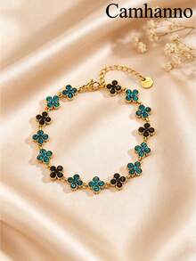 Camhanno 1pc European And American Luxury Style Stainless Steel 18K Gold Plated Four-Leaf Clover Rhinestone Bracelet, Multiple Color Rhinestones Available, Non-Fading, Delicate Fine Chain, Versatile For Commuting, Women's Jewelry Gift For Best Friend, Daily Accessory - Golden 8 - View 3