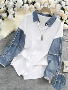 Camisa casual de mujer de un solo pecho, de unicolor, de manga larga y holgada - Multicolor 4 - Ver 1