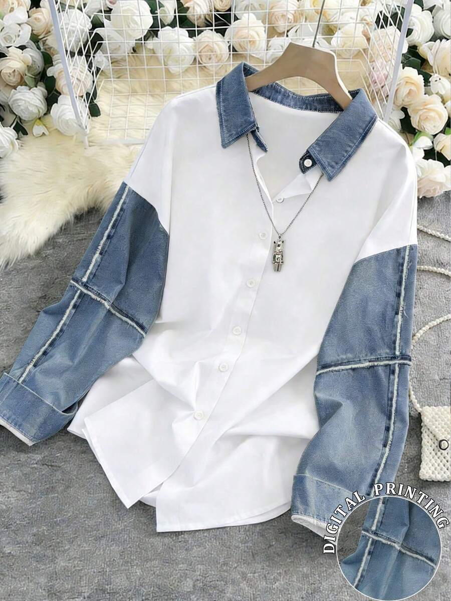 Camisa casual de mujer de un solo pecho, de unicolor, de manga larga y holgada - Multicolor 4 - Ver 1