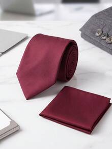 1 Set Of Wine Red Tie Pocket Towel Combination Set, Suitable For Formal Wear And Banquets - Burgundy - View 4