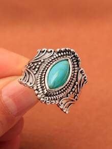 1 pieza Anillo de resina tallada estilo palacio con baño de plata antigua de aleación azul - Celeste - Ver 2
