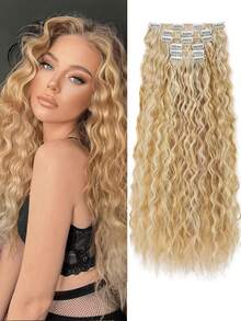 6pcs 24 Inch Black & Brown Clip-In Hair Extensions, Long Mermaid Wave Synthetic Fiber Clip-In Hair Extensions For Women - Multicolor - View 3