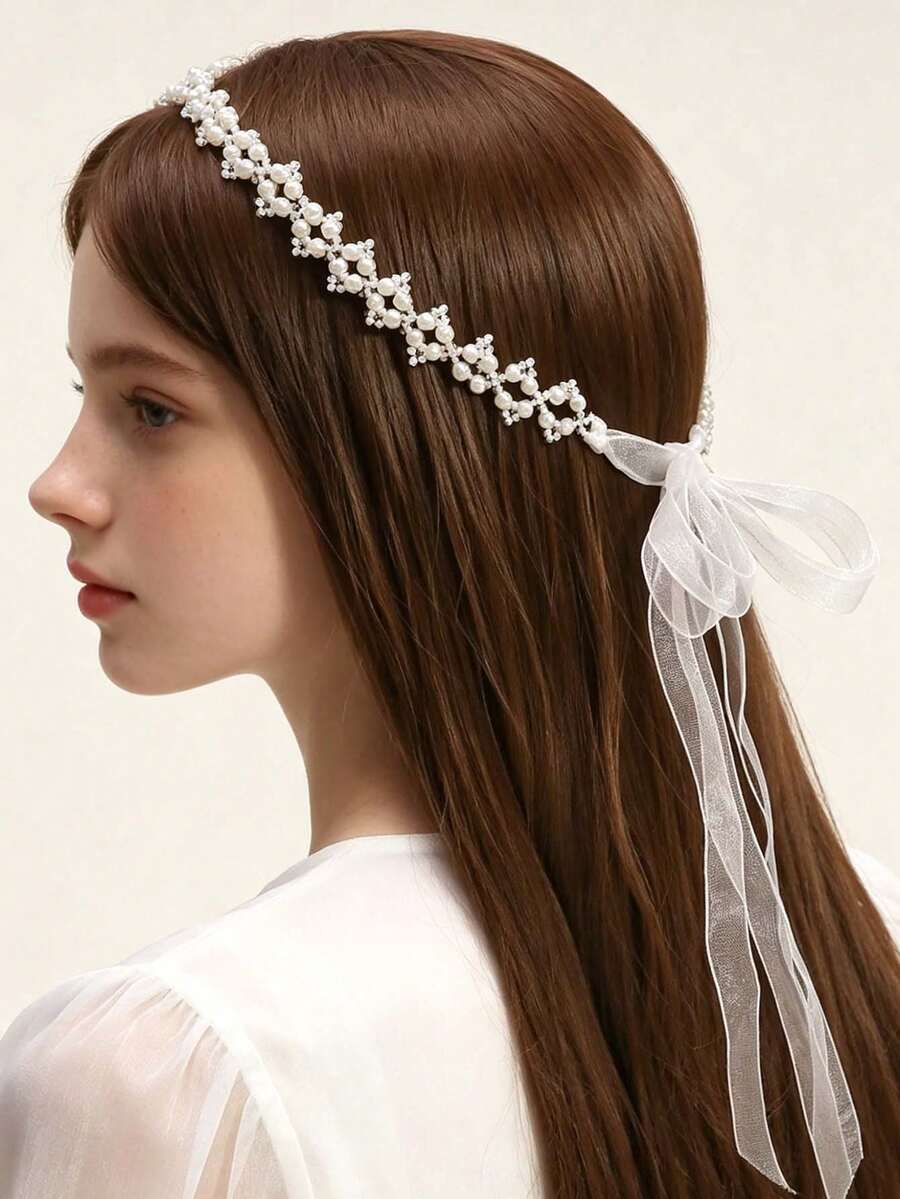 1 Pieza Nueva Llegada Diadema De Encaje Con Margaritas De Cristal Y Perlas Para Niñas - Perfecto Para Uso Diario, Vacaciones O Fiestas - Blanco - Ver 1