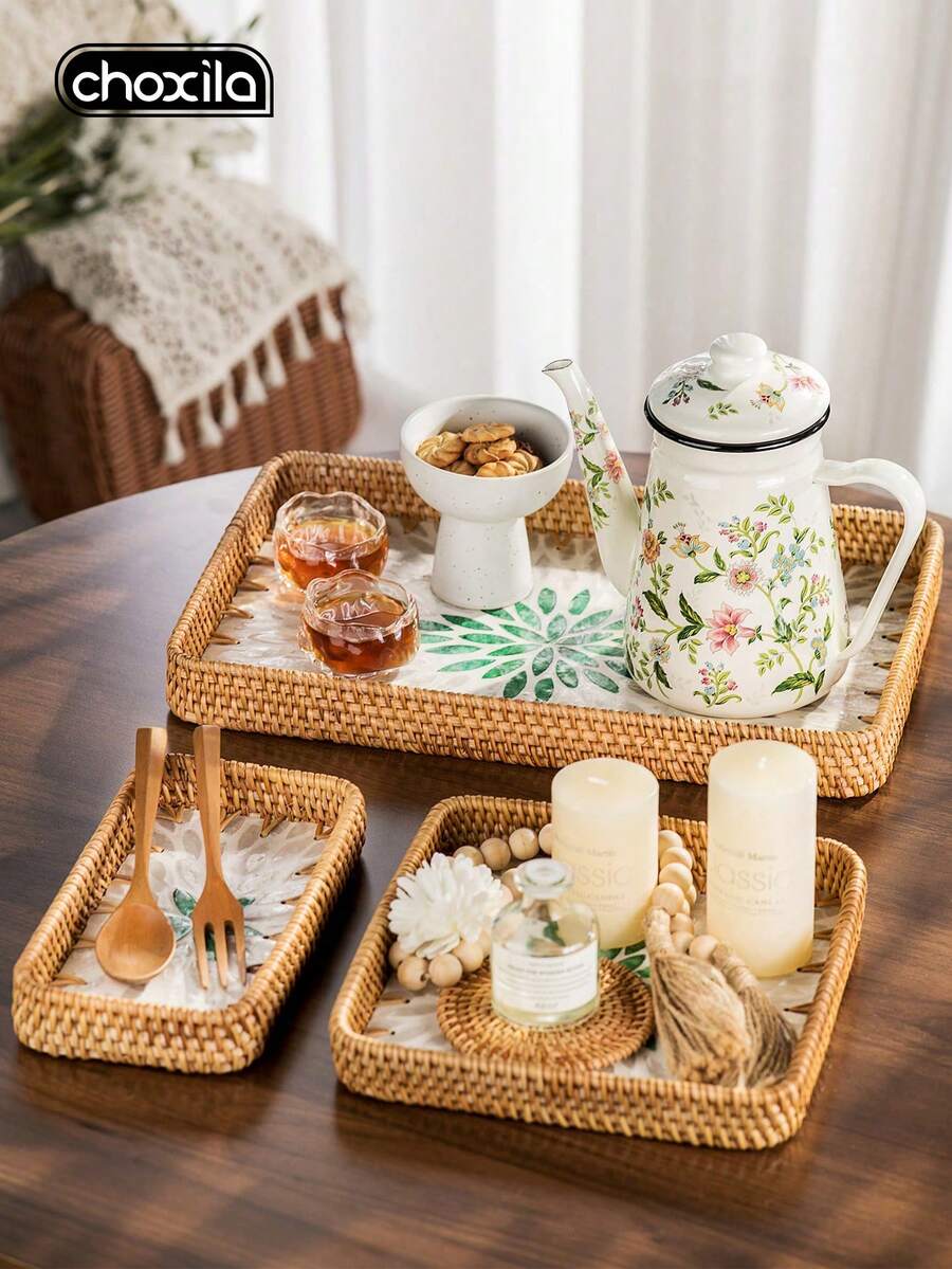 choxila 3pcs Bohemian Style Vine & Shell Decor Tray Set - Multi-Functional Storage Tray, Suitable For Snack Bowls, Teapots, Dessert Cups, Vases, Candles And Aromatherapy. Perfect For Living Room, Bedroom And Afternoon Tea Scenes, Ideal Choice For Saudi National Day - Tray - View 1