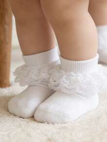 1 Đôi Tất Bé Gái Phong Cách Công Chúa Bằng Cotton Mỏng Mềm Thoáng Khí Có Nơ Rỗng Ren - trắng - Xem 5