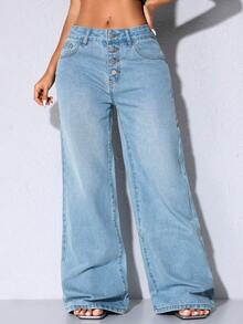Low Waist Wide Leg Casual Blue Slant Pocket Curved Women Jeans - Baby Blue - View 5