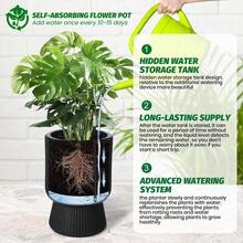 14.2" Tall Planters Set Of 2, Self-Watering Plant Pots With Drainage, Water Level Monitor & Wheels, Flower Pots For Patio, Porch, Living Room, Home Office - Black - View 6