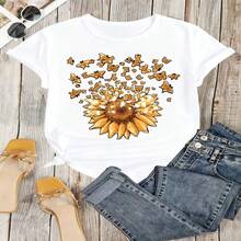 Sunflower Butterfly Graphic T-Shirt, 100% Cotton Oversized Soft Breathable Casual Crewneck Short Sleeve Top, Summer Vibes Aesthetic Tee For Women & Nature Lovers - 白色 - 查看 18
