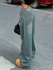 Women's Loose Straight Leg Boyfriend Style Vintage Jeans, Autumn Outfit Casual Fall - Light Wash - View 8