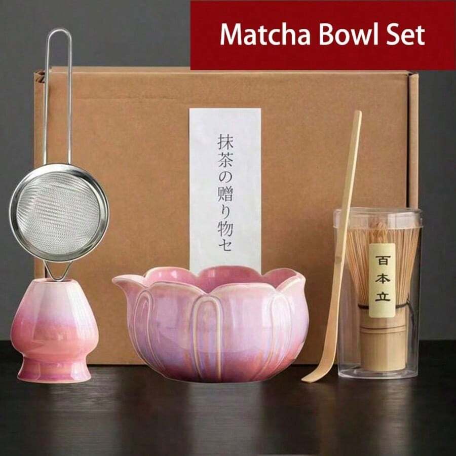 1pc/5pcs Set Flower Petal Matcha Tea Set, Includes Matcha Bowl, Matcha Whisk, Matcha Cup, Stirring Rod, Tea Spoon, Tea Bowl Set, Matcha Preparation Tools, Dessert And Beverage Making Tools, Japanese Style Gift Box, Matcha Whisk Set, Gift For Matcha Lovers