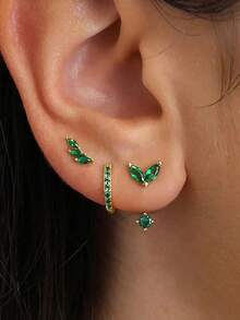 3 Pairs/6pcs Set Exquisite Leaf Zirconia Small Earring Set, 18K Gold Plated, Unique Adjustable Ear Cartilage Studs, Ear Piercing Jewelry - 6pcs Earrings Set - View 3