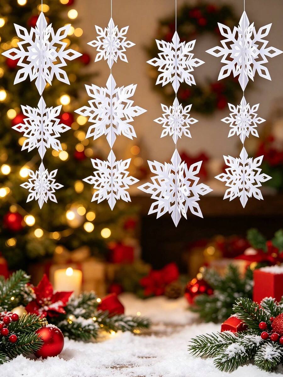 12pcs White Colorful Hanging Snowflake Decorations, 3D Christmas Paper Snowflake Garland, Christmas Party Backdrop Decor, Snowflake Hanging Ornaments, Christmas Decorations, Ceiling Decor, Winter Party Decorations, Frozen Theme Birthday Party Backdrop Decor, Wedding Decorations, Christmas Party Photo Props, Christmas Party Supplies, Christmas Gifts, New Year Decorations - White - View 1