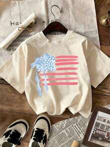 1 Pack Of Girls' Casual Printed Round Neck Short Sleeve T-Shirts, Summer Clothes For Young Students - Apricot - View 1