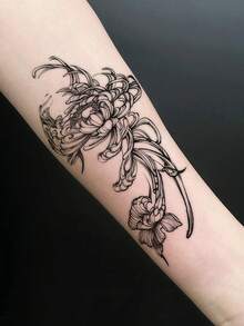 1片新款中式黑白線條優雅菊花花枝圖案臨時紋身貼紙，逼真紋身設計，適合旅行、音樂節、遊戲、畢業禮物，可維持3-5天 - 黑色 - 查看 5