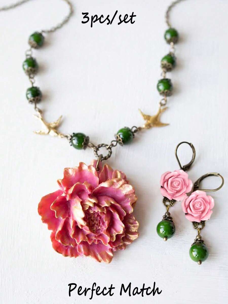 3pcs Elegant Bird & Rose Jewelry Set, Includes Geometric Beaded Chain, Metal Pendant, Earrings, Necklace, Suitable For Women's Daily, Party, Banquet, Date Wear, Valentine's Day Gift, Jewelry Gift, Daily Gifting - Multicolor - View 1