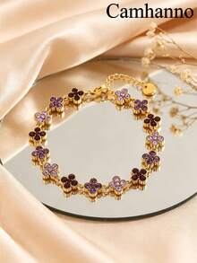 Camhanno 1pc European And American Luxury Style Stainless Steel 18K Gold Plated Four-Leaf Clover Rhinestone Bracelet, Multiple Color Rhinestones Available, Non-Fading, Exquisite Fine Chain, Versatile For Commuting, Women's Jewelry Gift For Best Friend, Daily Accessory - Gold 5 - View 4