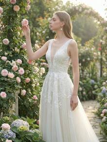 YOUKEFEIER New Elegant Deep V-Neck Lace Wedding Dress With Open Back A-Line Skirt, Slimming And Height-Enhancing Embroidered Long Bridal Gown - Beige - View 6