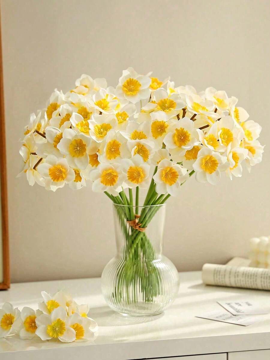 6/3/1 pieza Narcisos artificiales, Narcisos realistas blancos y amarillos, Adecuados para decoración de bodas, Decoración interior del hogar, Flores artificiales realistas para arreglos del hogar y bodas - Multicolor - Ver 1