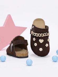 Girls' Formal Closed-Toe Mule Shoes, 2-Way Wear, Coffee Brown With Gold Rhinestone Chain Strap, 3D Heart And Flower Decor, Suitable For All Seasons - Coffee Brown - View 4