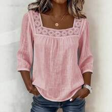 2026 New Summer Solid Color Casual Square Neck Lace Trim Three-Quarter Cotton-Linen Short Sleeve Top For Women - Red - View 4