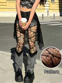 Asymmetric Cracked Fishnet Pantyhose For Women, Run-Resistant High Stretch Mesh Tights, Soft Elastic Hollow Out Punk Style Stockings - Multicolor - View 1