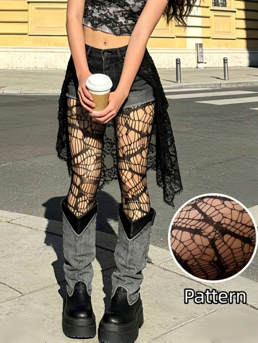 Asymmetric Cracked Fishnet Pantyhose For Women, Run-Resistant High Stretch Mesh Tights, Soft Elastic Hollow Out Punk Style Stockings - Multicolor - View 1