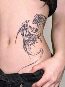 1pc Dark Gothic-Style Western Dragon Line Totem Pattern Temporary Tattoo Sticker, With Realistic Tattoo Design. Suitable For Travel, Music Festivals, Games, Graduation Gifts. Lasts For 3-5 Days. - 黑色 - 查看 3