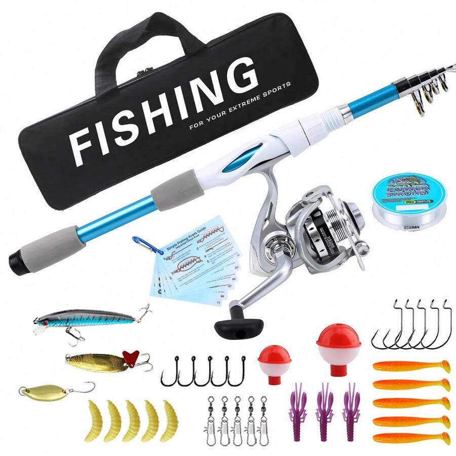 KecchKrezing Lightweight Blue Telescopic Fishing Rod & Reel Set 1.8m/5.9ft, Collapsed Length 41.2cm, 105g, Ultra-Portable Travel Fishing Kit With Reel, Fishing Line, Lures, Hooks, Suitable For Beginners