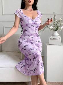 Vestido ajustado con estampado floral casual para mujeres, vestidos casuales para cumpleaños, ropa de mujer, vestidos de verano para el trabajo, vestido de graduación, vestidos elegant - Púrpura malva - Ver 1